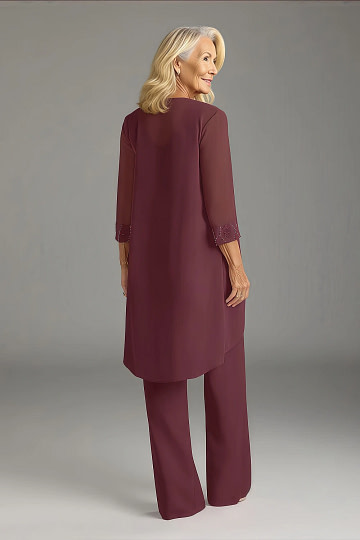 Akaks Adriana Cabernet Color Mother of the Bride Dress Pant Suits Scoop Neck Sequins Chiffon Dress Image453825