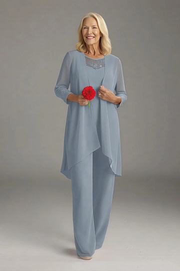Akaks Adriana Dusty Blue Mother of the Groom Dress Pant Suits Scoop Neck Sequins Chiffon Dress Image661215