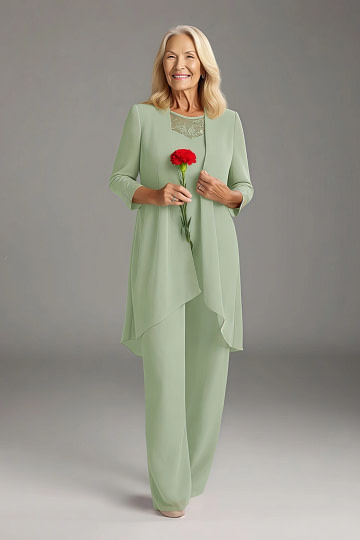 Akaks Adriana Dusty Sage Green Mother of the Bride Dress Scoop Neck Pant suit Sequins Chiffon Dress Image173121
