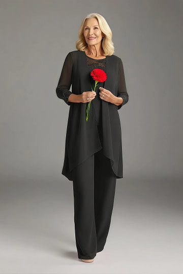 Akaks Adriana Elegant Black Mother of the Bride Dresses Pant Suits Scoop Neck Sequins Chiffon Dress Image185916