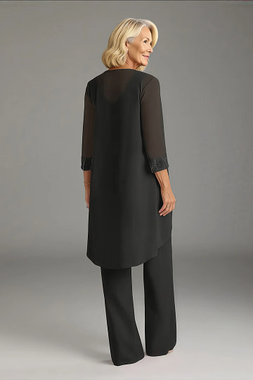 Akaks Adriana Elegant Black Mother of the Bride Dresses Pant Suits Scoop Neck Sequins Chiffon Dress Image361582