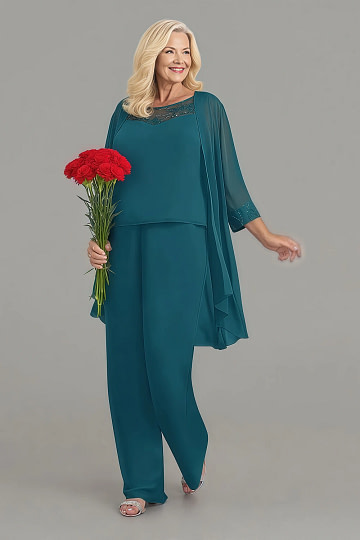 Akaks Adriana Ink Blue Mother of the Groom Plus Size Dresses Pant Suits Scoop Neck Sequins Chiffon Dress Image291199