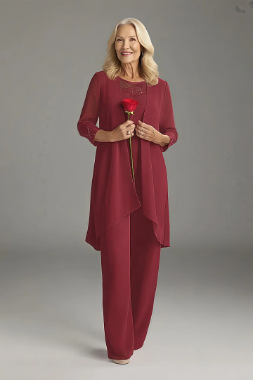 Akaks Adriana Mother of the Bride Burgundy Dress Pant Suits Scoop Neck Sequins Chiffon Dress Image831443