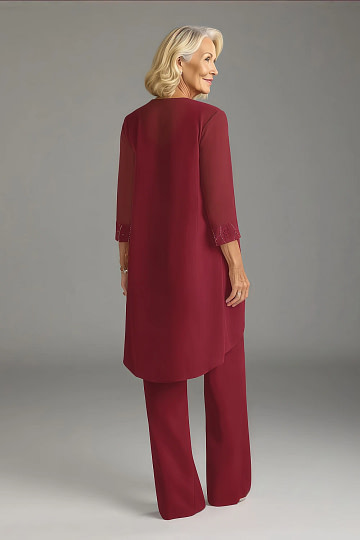 Akaks Adriana Mother of the Bride Burgundy Dress Pant Suits Scoop Neck Sequins Chiffon Dress Image966570