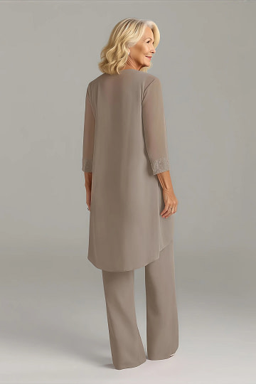 Akaks Adriana Mother of the Bride Taupe Dress Pant Suits Scoop Neck Sequins Chiffon Dress Image753484