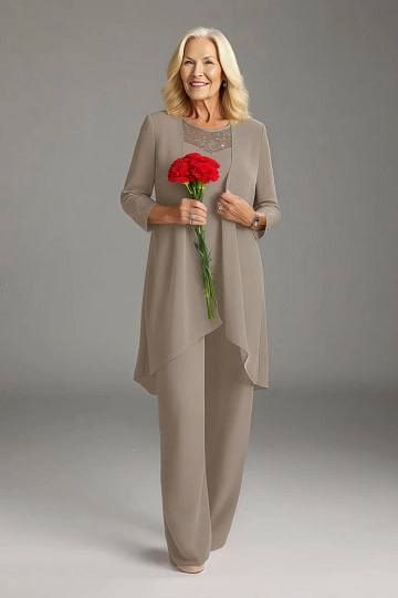 Akaks Adriana Mother of the Bride Taupe Dress Pant Suits Scoop Neck Sequins Chiffon Dress Image775650