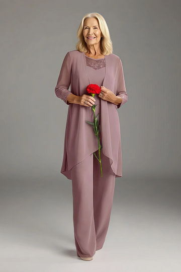 Akaks Adriana Mother of the Groom Dresses Dusty Rose Pant Suits Scoop Neck Sequins Chiffon Dress Image337180