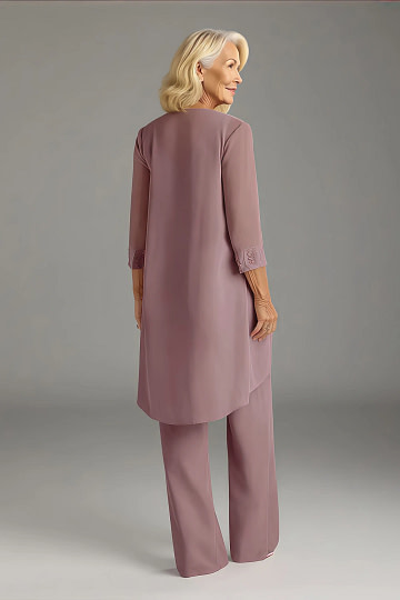 Akaks Adriana Mother of the Groom Dresses Dusty Rose Pant Suits Scoop Neck Sequins Chiffon Dress Image879737
