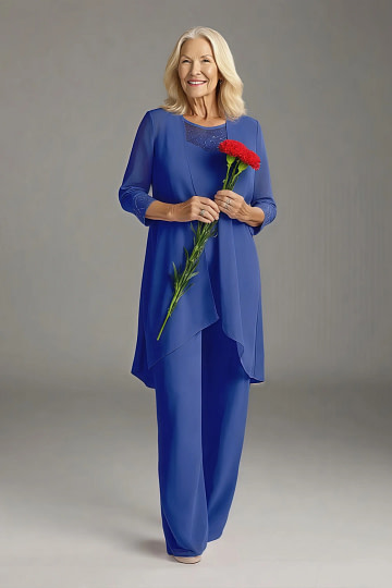 Akaks Adriana Mother of the Groom Royal Blue Dress Pant Suits Scoop Neck Sequins Chiffon Dress Image120720