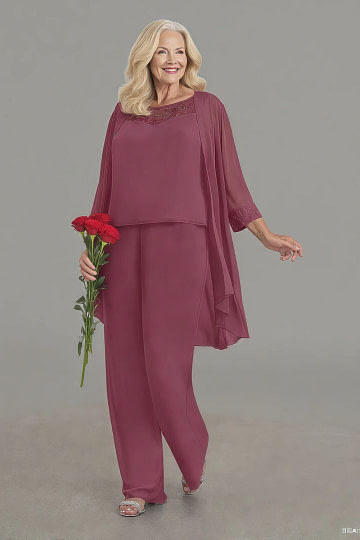 Akaks Adriana Mulberry Plus Size Mother of the Groom Dresses for Fall Pant Suits Scoop Neck Sequins Chiffon Dress Image814256