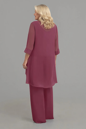 Akaks Adriana Mulberry Plus Size Mother of the Groom Dresses for Fall Pant Suits Scoop Neck Sequins Chiffon Dress Image873556