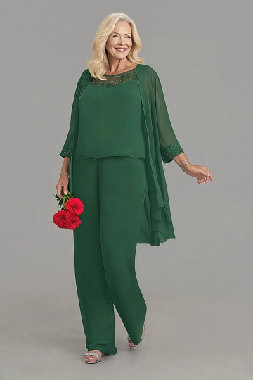 Akaks Adriana Pant Suits Mother of the Bride Dark Green Dresses Scoop Neck Sequins Chiffon Dress Image971294