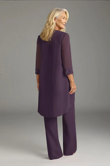 Akaks Adriana Plum Colored Dresses for Mother of the Bride Pant Suits Scoop Neck Sequins Chiffon Dress Image322623