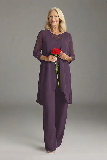Akaks Adriana Plum Colored Dresses for Mother of the Bride Pant Suits Scoop Neck Sequins Chiffon Dress Image901469