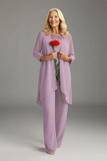 Akaks Adriana Purple Wisteria Mother of the Groom Dresses Pant Suits Scoop Neck Sequins Chiffon Dress Image447652