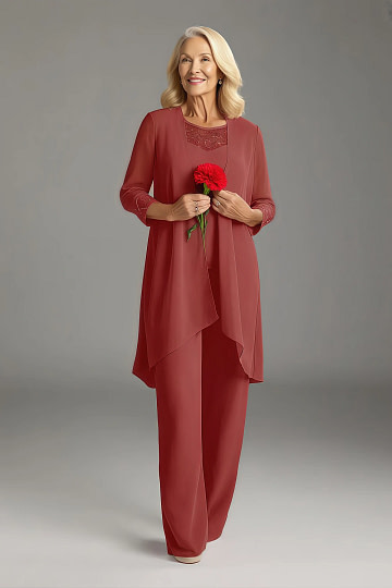 Akaks Adriana Rust Colored Mother of the Bride Dresses Pant Suits Scoop Neck Sequins Chiffon Dress Image489227