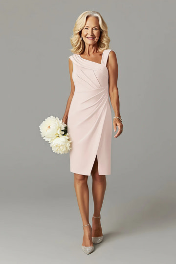 Akaks Agatha Blush Pink Mother of the Groom Dresses Sheath ​Asymmetrical Cap Sleeves Knee Length Stretch Crepe Dress Image772701
