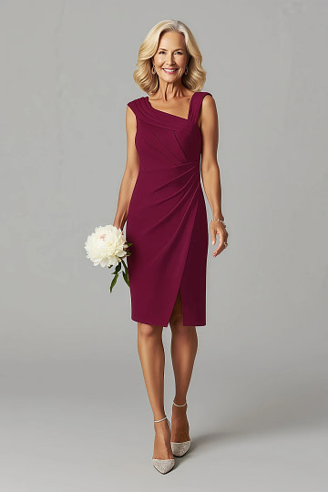 Akaks Agatha Burgundy Dresses for Mother of the Groom Sheath Asymmetrical Cap Sleeves Knee Length Stretch Crepe Dress Image356115