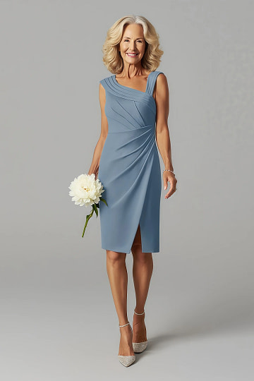 Akaks Agatha Dusty Blue Dress for Wedding Mother of the Groom Sheath ​Asymmetrical Cap Sleeves Knee Length Stretch Crepe Dress Image212888