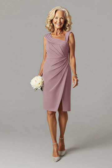 Akaks Agatha Dusty Rose Mother of the Bride Dress Sheath ​Asymmetrical Cap Sleeves Knee Length Stretch Crepe Dress Image904347