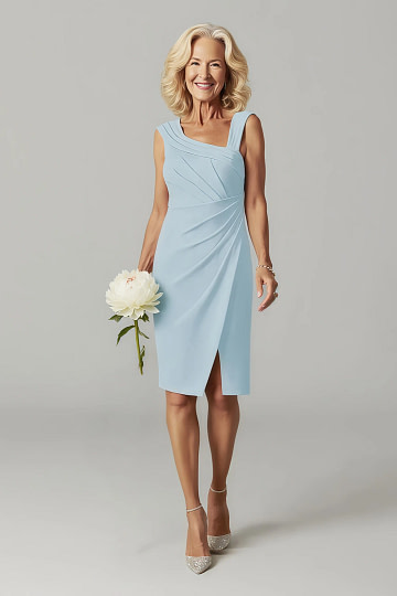 Akaks Agatha Light Blue Dresses for Mother of the Bride Sheath ​Asymmetrical Cap Sleeves Knee Length Stretch Crepe Dress Image347249
