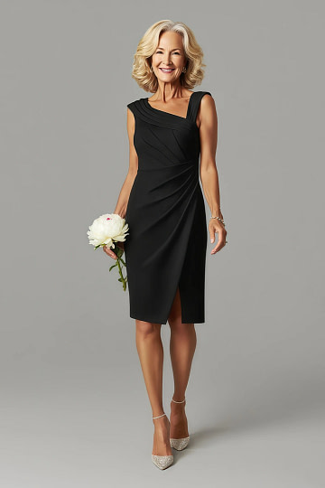 Akaks Agatha Mother of the Bride Black Dresses Sheath Asymmetrical Cap Sleeves Knee Length Stretch Crepe Dress Image820949