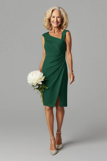 Akaks Agatha Mother of the Bride Dark Green Dress Sheath ​Asymmetrical Cap Sleeves Knee Length Stretch Crepe Dress Image501539
