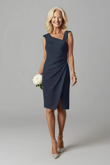 Akaks Agatha Navy Mother of the Groom Dresses Sheath ​Asymmetrical Cap Sleeves Knee Length Stretch Crepe Dress Image273529