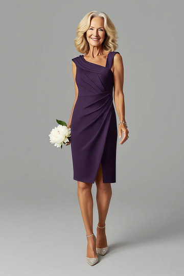 Akaks Agatha Plum Colored Mother of the Bride Dresses Sheath Asymmetrical Cap Sleeves Knee Length Stretch Crepe Dress Image210812