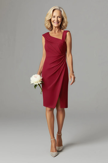 Akaks Agatha Red Dress for Mother of the Groom Sheath Asymmetrical Cap Sleeves Knee Length Stretch Crepe Dress Image279392