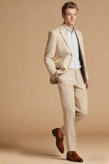 Akaks Arlo Linen Mens Tan Suit Single Breasted Notch Lapels Side-Vented Jacket Flat Front Pre-Hemmed Pants Image448180