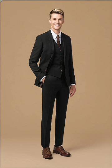 Akaks Axel Stretch Black Suit 3 Piece Suits Single-Breasted Double-Button Jacket Straight-Leg Trousers with Back-Pocket Buttons Five-Button Waistcoat Image841926