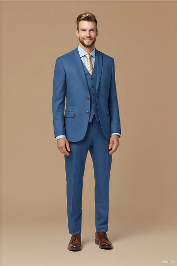 Akaks Axel Stretch Royal Blue Suit Blue 3 Piece Suits Single-Breasted Double-Button Jacket Straight-Leg Trousers with Back-Pocket Buttons Five-Button Waistcoat Image698212