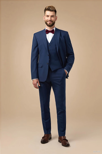 Akaks Beau Stretch Blue Suit 3 Piece Suits Single-Breasted Double-Button Jacket Straight-Leg Trousers with Back-Pocket Buttons Five-Button Waistcoat Image447682