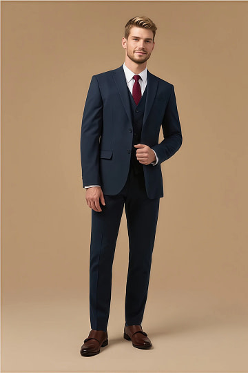 Akaks Beau Stretch Suits in Navy Blue Three Piece Suit Single-Breasted Double-Button Jacket Straight-Leg Trousers with Back-Pocket Buttons Five-Button Waistcoat Image527084