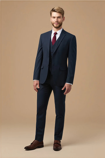 Akaks Beau Stretch Suits in Navy Blue Three Piece Suit Single-Breasted Double-Button Jacket Straight-Leg Trousers with Back-Pocket Buttons Five-Button Waistcoat Image628179