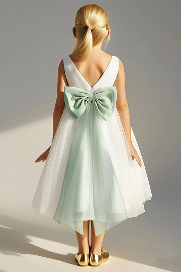 Akaks Blythe Flower Girl Dress Agave A-Line Scoop Neck Tea Length Tulle Dress with Detachable Bow Image189835