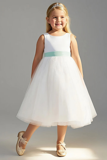 Akaks Blythe Flower Girl Dress Agave A-Line Scoop Neck Tea Length Tulle Dress with Detachable Bow Image670702