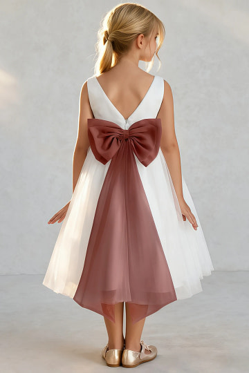 Akaks Blythe Flower Girl Dress Auburn A-Line Scoop Neck Tea Length Tulle Dress with Detachable Bow Image422253