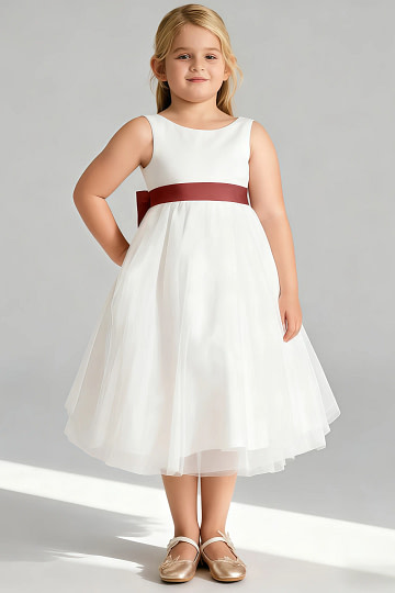 Akaks Blythe Flower Girl Dress Auburn A-Line Scoop Neck Tea Length Tulle Dress with Detachable Bow Image808979