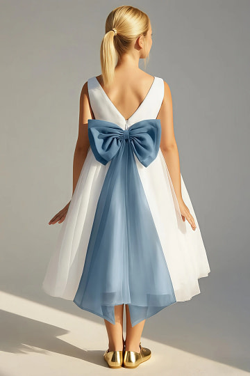 Akaks Blythe Flower Girl Dress Bermuda A-Line Scoop Neck Tea Length Tulle Dress with Detachable Bow Image709451