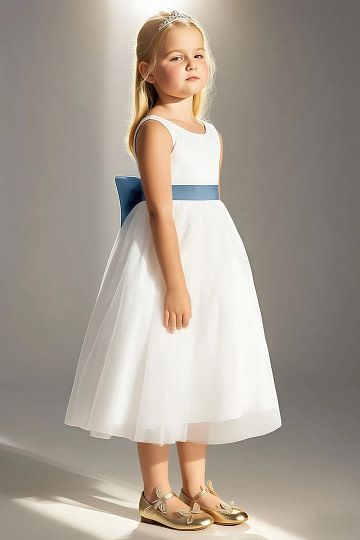 Akaks Blythe Flower Girl Dress Bermuda A-Line Scoop Neck Tea Length Tulle Dress with Detachable Bow Image786702