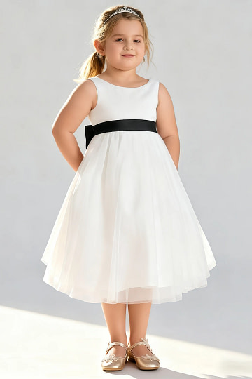 Akaks Blythe Flower Girl Dress Black A-Line Scoop Neck Tea Length Tulle Dress with Detachable Bow Image146325