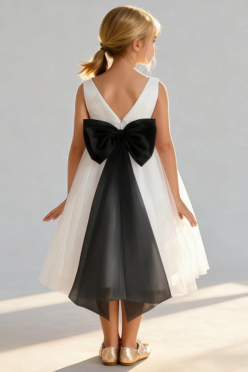 Akaks Blythe Flower Girl Dress Black A-Line Scoop Neck Tea Length Tulle Dress with Detachable Bow Image978148