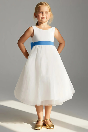 Akaks Blythe Flower Girl Dress Blue Jay A-Line Scoop Neck Tea Length Tulle Dress with Detachable Bow Image759055