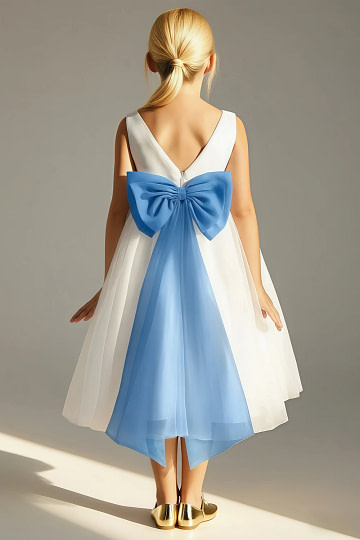Akaks Blythe Flower Girl Dress Blue Jay A-Line Scoop Neck Tea Length Tulle Dress with Detachable Bow Image955535