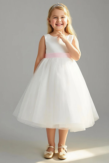 Akaks Blythe Flower Girl Dress Blush Pink A-Line Scoop Neck Tea Length Tulle Dress with Detachable Bow Image869877