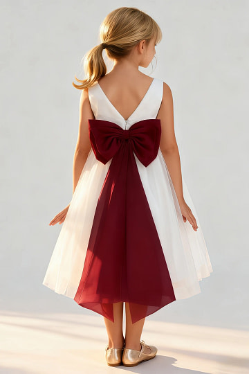 Akaks Blythe Flower Girl Dress Burgundy A-Line Scoop Neck Tea Length Tulle Dress with Detachable Bow Image197410