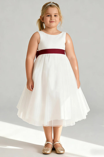 Akaks Blythe Flower Girl Dress Burgundy A-Line Scoop Neck Tea Length Tulle Dress with Detachable Bow Image848879