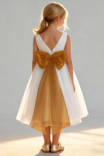 Akaks Blythe Flower Girl Dress Butterscotch A-Line Scoop Neck Tea Length Tulle Dress with Detachable Bow Image182337